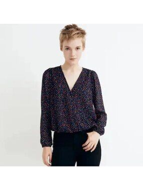 Madewell Womens XS polka dot Long Sleeve wrap Blouse Navy V-Neck (K737)